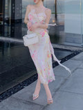 Dermearne French Elegant Floral Party Dress Women Casual Sweet Slim Midi Dress 2024 Summer Vacation Beach Style Strap Dress Korean Fashion