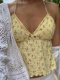 Women Halter Neck Cami Tops Sleeveless Floral Print Camisole Spaghetti Strap Backless Yellow Shirts Streetwear