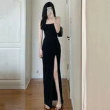 Black Spaghetti Strap Women's Dress 2024 Summer Sexy Tight Side Split Long Dresses Female Elegant Bodycon Maxi Dress