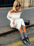 Sexy Slash Neck Knitted Party Midi Dress Women Off Shoulder Split Long Sleeve Ribbed Lady Knitwear Hip Package Elegant Robe