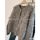 2024 Autumn Winter Women Temperament High Soft Mohair Knitted Cardigan Fragrant Coat Casual Tops Korean Grey Bow Sweater