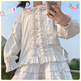 Lolita Shirt White Sweet Women Preppy Style Blouses Cute Peter Pan Collar Lace Ruffle JK Shirts Girls Long Sleeve Blusas Mujer