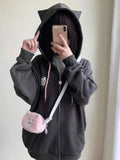 Gray Solid Harajuku Hoodies Women Japanese Style Y2k Cuteore Soft Girl Cartoon Embroidery Zipper Hoodes Sweatshirt 2024