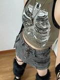 Punk Aesthetic Cyber Retro X-ray Skeleton Print Rib Sleeveless Vest ArmyGreen Crop Top Designer Clothes Women Summer Emo