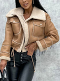 Women Vintage Faux Fur Leather Jacket Faux Fur Open Front Fashion Casual Furry Collar Short Parka Coat Warm Cardigan with Belt