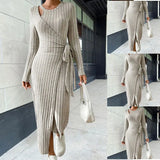 New Spring Women's Fashion and Elegance Slim Fit Solid Color Round Neck Long Sleeve Waist Tie up Knitted Dress