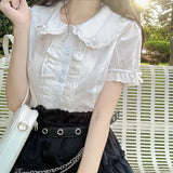 Lolita Blouses White Women Cute Lace Tops Ruffle Shirts Vintage Puff Sleeve Japanese Preppy Style Sweet Tops