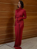 High Neck Long Sleeve Bodycon Dress Women's Tight Elastic Lace Up Maxi Long Dress Autumn New Party Club Vestidos