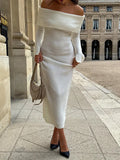 Sexy Slash Neck Knitted Party Midi Dress Women Off Shoulder Split Long Sleeve Ribbed Lady Knitwear Hip Package Elegant Robe