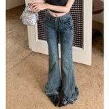 Vintage Blue Flare Jeans Woman  America Retro Y2k Straight Denim Pants High Waist Office Lady Streetwear Wide Trousers