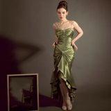 Dermearne Women's Prom Dress Spaghetti Straps Mermaid Green Prom Gown Satin Sleeveless Hi-lo Pleat Sexy Party Dresses for Wedding