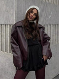 Dermearne Fashion Solid Lapel Leather Jacket Women Vintage Loose Long Sleeve Zipper Pu Coat 2024 New Chic Female High Street Outerwear