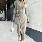 New Spring Women's Fashion and Elegance Slim Fit Solid Color Round Neck Long Sleeve Waist Tie up Knitted Dress