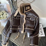 Dermearne Black Lambswool Jacket Winter Thickened Plus Velvet Motorcycle Faux Leather Stitching Coat PU Plush Cardigan Stand Collar Tops