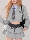 Autumn Y2k Vintage New Two Piece Set Women Slim Casual Retro Cake Mini Skirt Suit Female Korean Fashion Elegant Skirt Set 2024