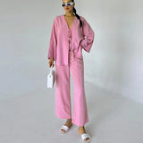 Dermearne Casual Lace Up Shirt Pants Sets Women Solid V-neck Hollow Out Coat Wide Leg Trousers Suits Female 2024 Autumn Lady 2 Pieces Set