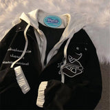 Dermearne Y2K retro embroidery hooded drawstring hooded zipper jacket men and women American lamb velvet couple loose coat female ins tide