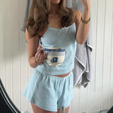Fairycore Comfy 2 Piece Pajama Set 00s Retro Kawaii Bow Sleeveless Camis Crop Tops + Shorts Y2K Women Sleepwear Loungewear