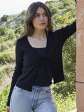 Solid Bow Ribbed T-shirt Women Spring Sexy V Neck Long Sleeve Tee Shirt Girl Simple Sweet Cute Casual Cotton Y2k Crop Tops