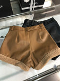 Dermearne 1 Winter New Women Sexy High Waist PU Leather Combination Fur Design Slim Shorts