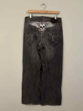 Dermearne Y2k Vintage Embroidered Jeans Distressed Casual Wide Leg Baggy Jeans Women Punk Dark Skull Graphic  High Waisted Pants