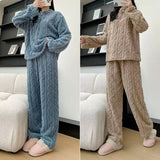 2PCS/Set Thickened Warm Fashion Coral Velvet Pajamas Fall Winter Padded Ladies Casual Elastic Striped Comfortable Homewear