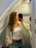 Women Elegant Solid Knitted Cardigan Fashion V Neck Single-breasted Long Bubble Sleeves Loose Sweater 2024 New Casual Streetwear