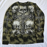 Y2k Gothic Grunge Cross Skull Print T-shirt for Women Fall Long Sleeve 90s E Girl Vintage Mall Goth Pullovers Emo Alt Tops