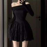 Dermearne Elegant Black Off-shoulder Slimming Short Skirt Long Sleeve Dress For Women Sensible Design Wrinkled A- line Spring Autumn