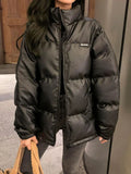 Streetwear Y2K Women Pu Parkas Winter Thick Pu Leather Black Puffy Coats Fashion Warm Cotton Down Female Chic Zipper Jacket