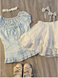 Dermearne Summer Y2k Elegant Sweet 2 Piece Set Women Blue Casual Lace-up Blouse +White Cake Chic Skirt Female Korea Fashion Suit Chic