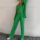 wsevypo Women Pleated 2 Piece Pants Sets Spring Summer Streetwear Long Sleeve Button Down Shirt+Straight-Leg Pants Loose Outfits