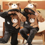 Couple Pajamas Set Women Men Thicken Pyjamas Winter Warm Anime Bear Kawaii Sleepwear Korean Loose Lovers Homewear Pijamas Suit