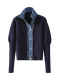 Dermearne Fall Winter Vintage Korean Fashion Woman Denim Patchwork Cardigan Single-breasted Sweater Lapel Knitwear Chic Aesthetic Stylish