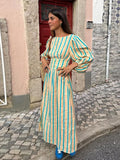 Dermearne Casual Stripe Backless Long Dresses Women Loose Belt Long Lantern Sleeve O-neck Dress Female 2024 Summer Fashion Streetwear Lady