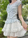 Dermearne Summer Y2k Elegant Sweet 2 Piece Set Women Blue Casual Lace-up Blouse +White Cake Chic Skirt Female Korea Fashion Suit Chic
