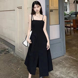 Black Midi Dress Women Spaghetti Strap Split Solid Color Casual Elegant Dresses