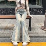DERMEARNE Women Vintage Blue Jeans High Waist American Retro 90s Raw Material Edge Design Y2k Denim Pants Streetwear Wide Leg Jeans