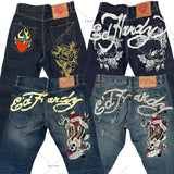 Printed street jeans men's Y2K hip-hop high-waisted straight retro loose wide-leg pants denim trousers European and American