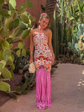 Sexy Butterfly Print Halter Tassel Hem Long Dress Slim Fit Sleeveless Backless Women's Dress Summer New Vacation Beach Vestidos