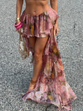 Dermearne Beach Boho Floral Print Chiffon Ruffled Skirt Women Asymmetrical Dipped Hem Pink Romantic Elegant Sexy Vacation Skirts