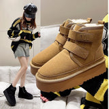Winter Outdoor Women Ankle Snow Boots Ladies Plush Warm Shoes Classic Ultra Platform Cow Suede Furry Hook & Loop Flat Booties
