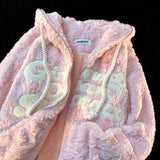 Dermearne Y2K retro embroidery hooded drawstring hooded zipper jacket men and women American lamb velvet couple loose coat female ins tide