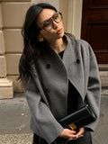 Dermearne Elegant Women Solid Double Breasted Cotton Coat Chic Stand Collar Long Sleeves Warm Jacket Autumn Fashion Lady Commuting Outwear