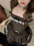 Dermearne Korean Fashion Vintage Elegant Plaid 2 Piece Set Women Summer Lace Party Mini Skirt Suit Female Preppy Style Bow Retro Set 2024