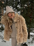 Dermearne Vintage Faux Fur Coat Women Chic Long Sleeve Stand Collar Pockets Loose Curly Fur Jacket Female Single Breasted Tops Winter