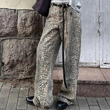 Dermearne Leopard Jeans Women Y2k American Wide Leg Pants High Waisted Korean Style Retro Baggy Jeans Loose Oversized Straight Trousers
