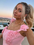 Sexy Pink 3d Flower Party Sling Mini Dress For Women Chic High Waist Sleeveless Luxury Short Dress Ladies Vacation Beach Dresses