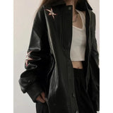 Streetwear Pu Leather Jackets Women Oversized Embroidery Coat Harajuku Vintage Turn Down Collar Loose Casual Outwear Tops