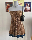 Dermearne 1 Y2K Vintage Hot Girl Strapless Off Shoulder Ruched Tube Tops Women's Front Ruffles Summer Party Clubwear Tank Leopard print Vest